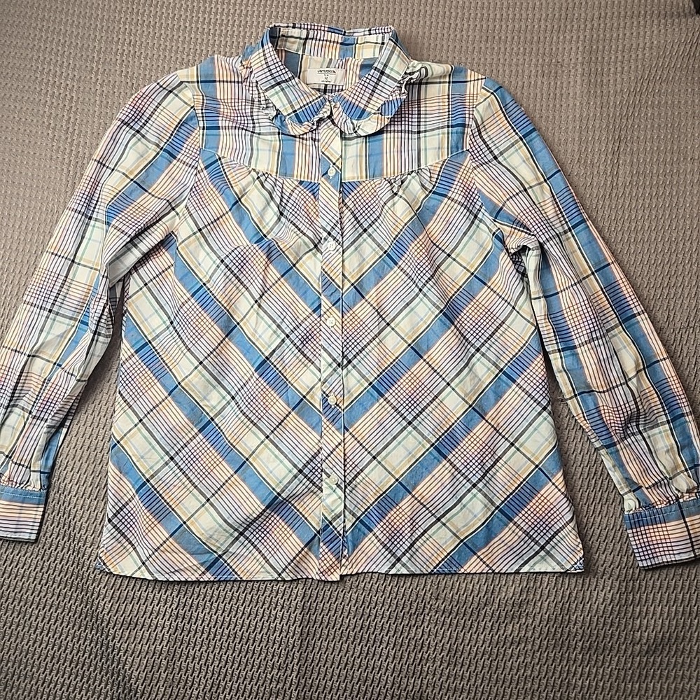 UNTUCKit For Her Plaid Button Down Shirt Size M Ruffle Peter Pan Collar Bias Cut